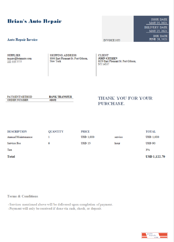 USA Brian's Auto Repair invoice PSD template